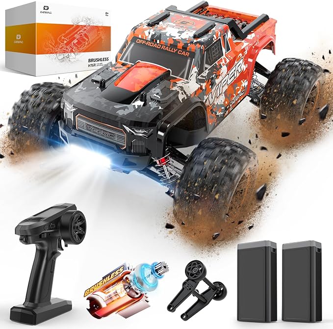 DEERC Brushless RC Truck, 45KM/H High-Speed RC Car for Beginner, 4x4 All-Terrain Remote Control Monster Truck W/Metal Shocks, 2.4GHz RC Racing Vehicle W/ 2 Batteries, for Kids and Adults