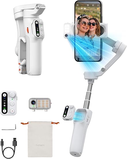 Hohem iSteady V3 Gimbal Stabilizer for Smartphone, 3-Axis Stabilization with AI Tracker, Detachable Remote Control, Built-in Extension Pole and Tripod, Portable and Foldable, Video Recording, White